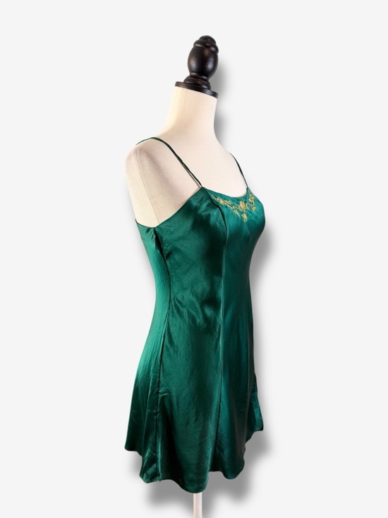 90s Vintage Victoria’s Secret Silk Slip Dress XS Emerald Green Gold Embroidered - Picture 6 of 11